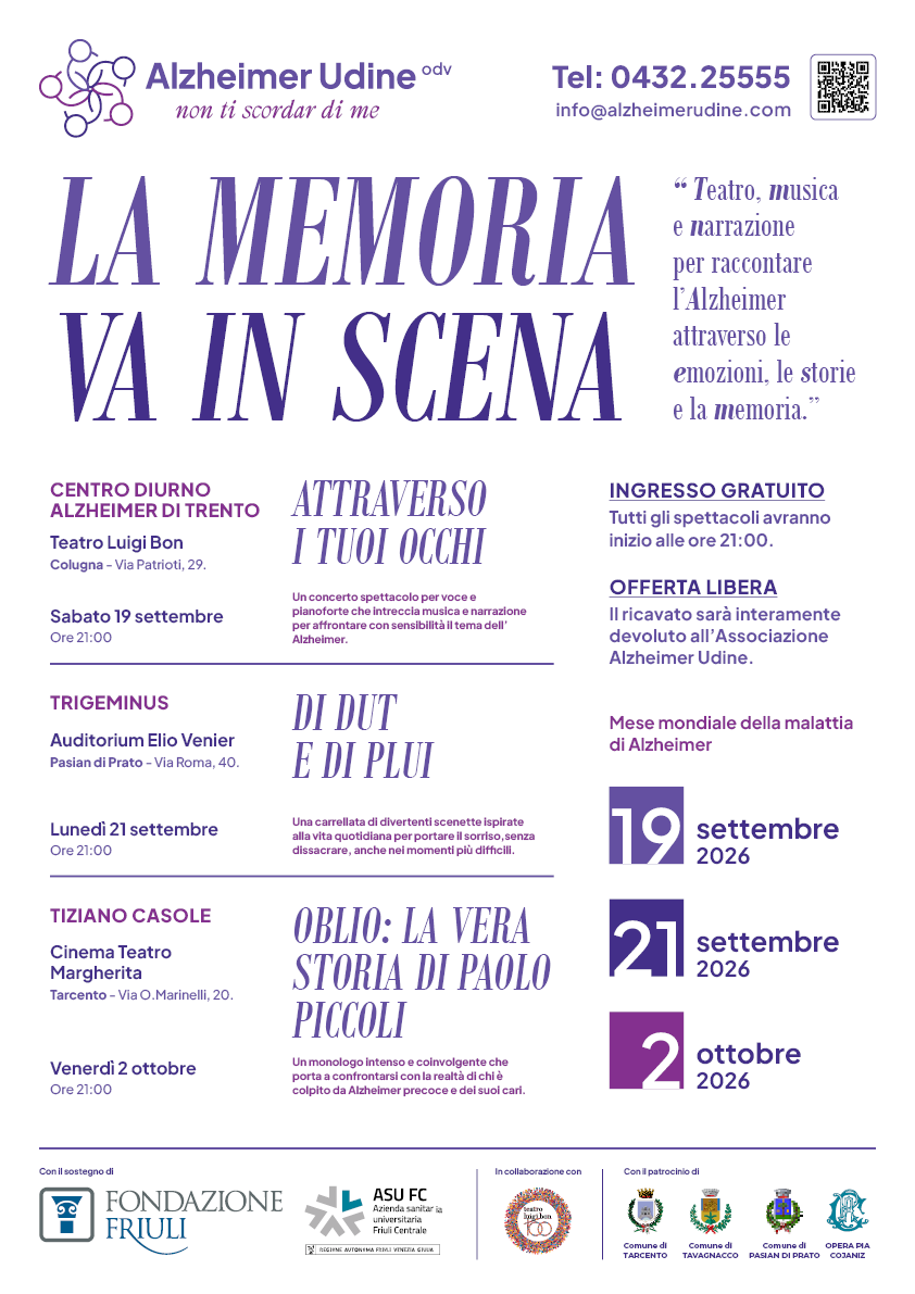 Locandina La memoria va in scena: tre spettacoli il 19 settembre a Colugna, il 21 settembre a Pasian di Prato e il 2 ottobre a Tarcento